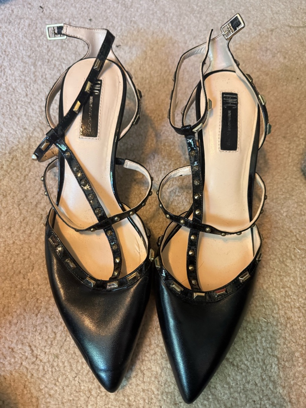 INC International Concepts Black Studded Pointed-Toe Strappy Pumps